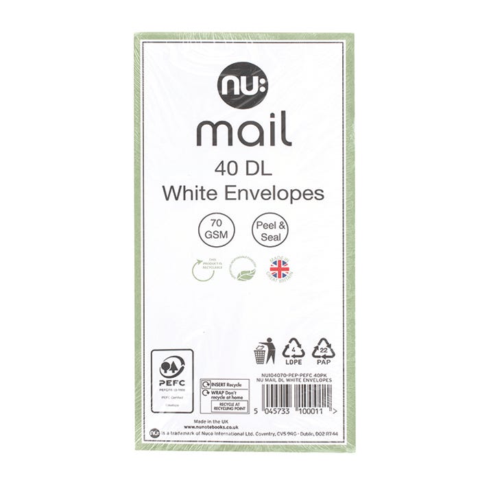 Nu: DL White Envelopes, 70 gsm (Pack of 40)